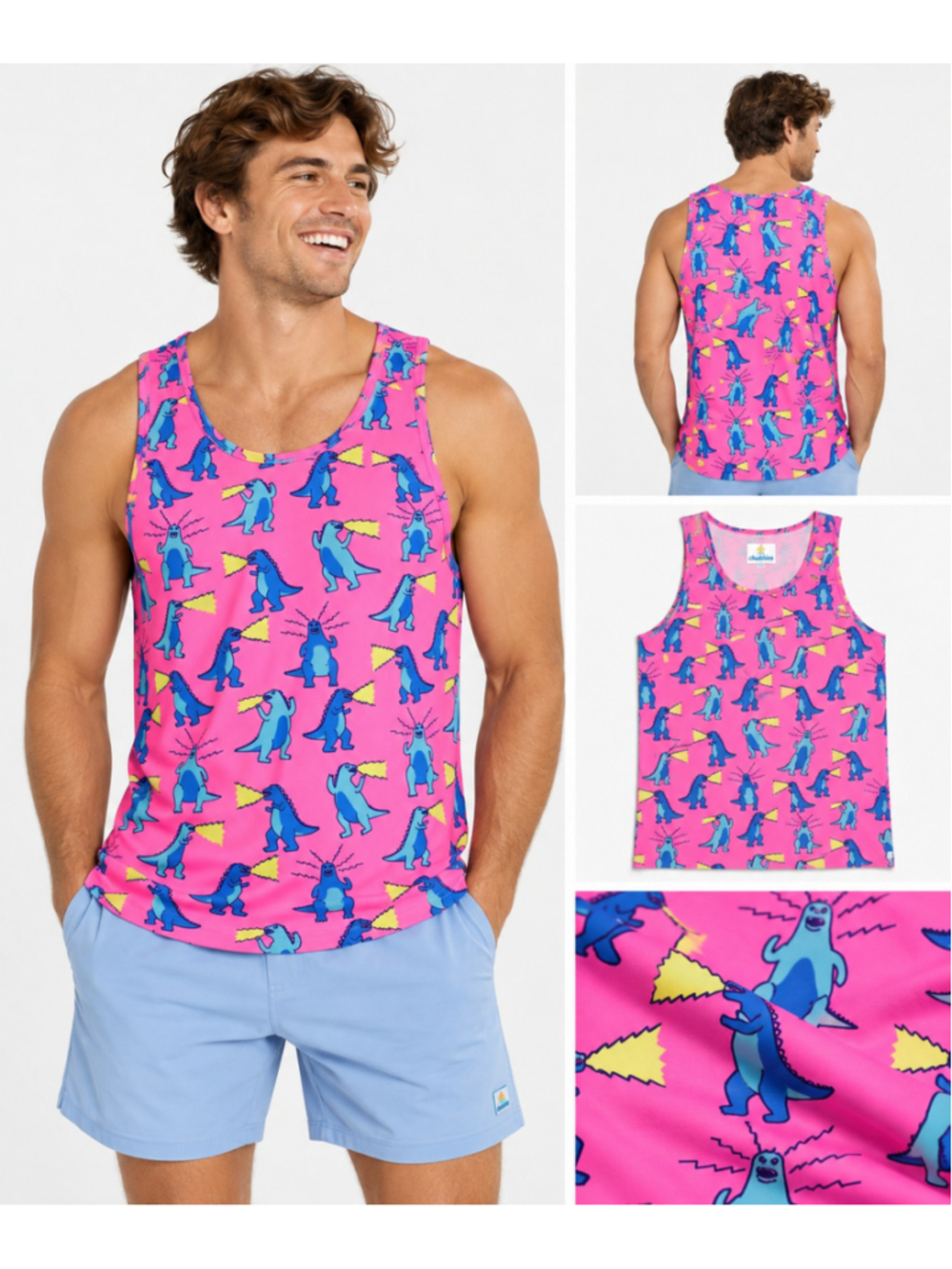 Chubbies Hear Me Roar Tank Top Pink Dinosaur Graphic Men’s M Godzilla Beach Swim